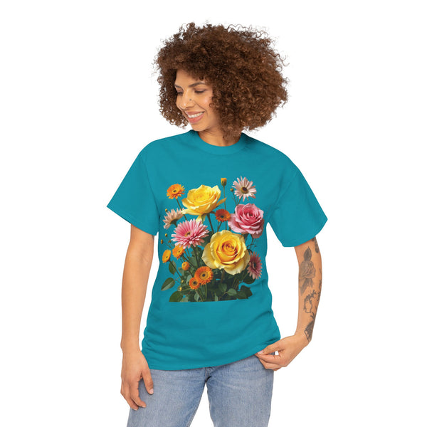 Wildflowers and Pink & Yellow Roses, Graphic T-Shirts for Women, Floral Shirt, Womens Short Sleeve, Ladies Graphic Tees #5148TTS
