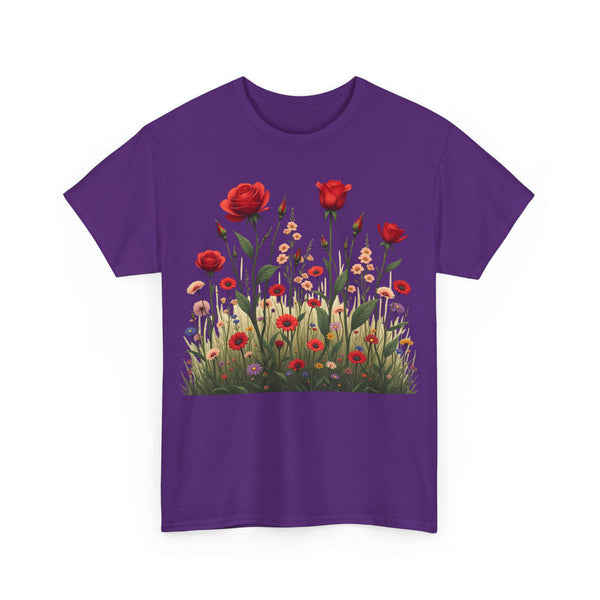 Wildflowers and Red Roses, Graphic T-Shirts for Women, Floral Shirt, Womens Short Sleeve, Ladies Graphic Tees #5032TTS