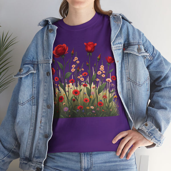 Wildflowers and Red Roses, Graphic T-Shirts for Women, Floral Shirt, Womens Short Sleeve, Ladies Graphic Tees #5032TTS