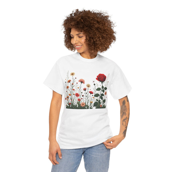 Wildflowers and a Red Rose, Graphic T-Shirts for Women, Floral Shirt, Womens Short Sleeve, Ladies Graphic Tees #5008TTS