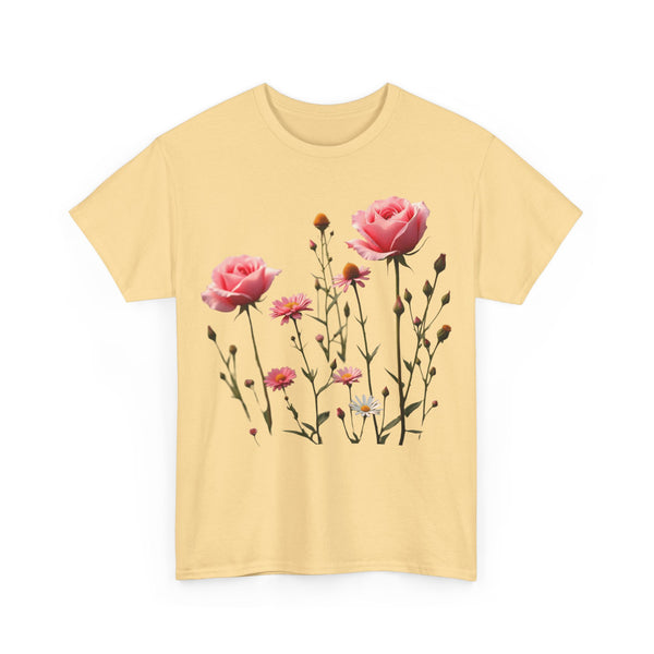 Wildflowers and Pink Roses, Graphic T-Shirts for Women, Floral Shirt, Womens Short Sleeve, Ladies Graphic Tees #5018TTS