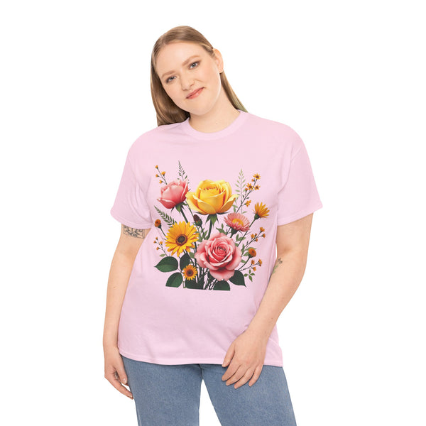 Wildflowers and Pink & Yellow Roses, Graphic T-Shirts for Women, Floral Shirt, Womens Short Sleeve, Ladies Graphic Tees #5146TTS