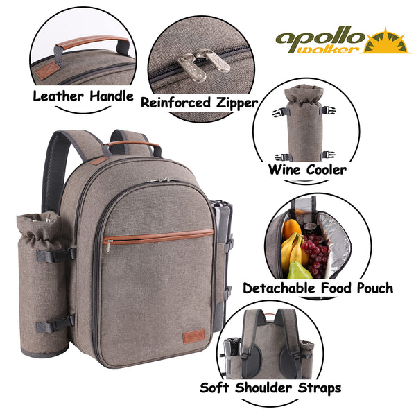 Brown backpack picknic basket for 2 people details
