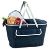 blue Picnic Basket Open with wine and bread