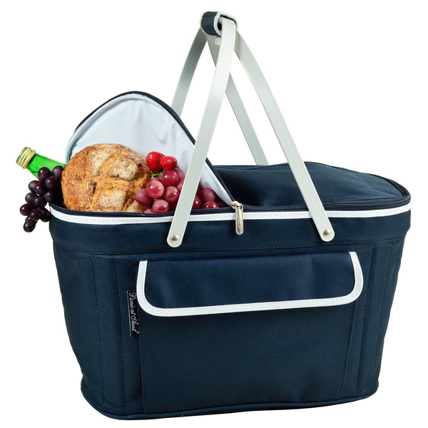 blue Picnic Basket Open with wine and bread