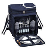 blue picnic basket for two people open with plates and utensils