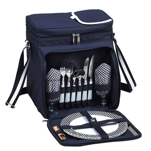 blue picnic basket for two people open with plates and utensils