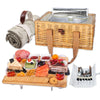 brown Wicker Picnic Basket with mini table and rolled up blanket
