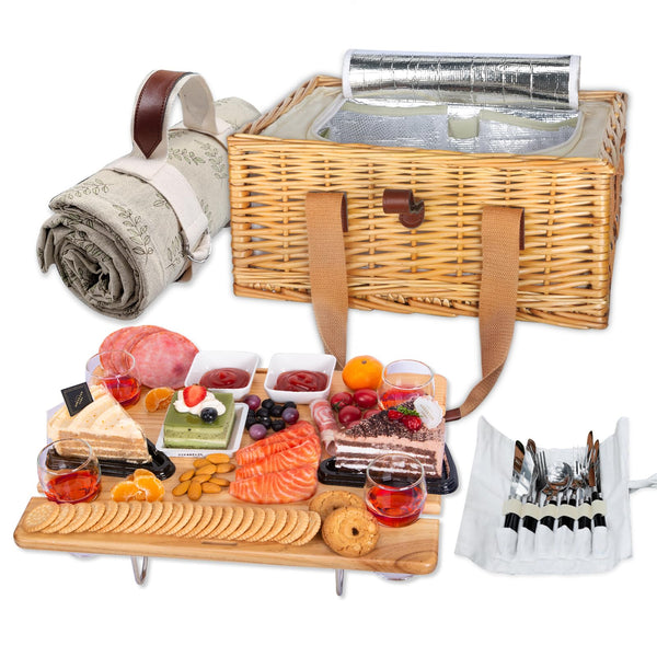 brown Wicker Picnic Basket with mini table and rolled up blanket