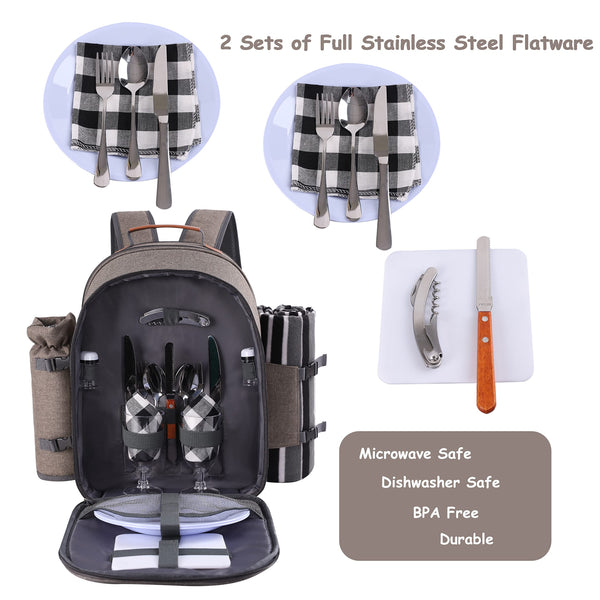brown backpack picnic basket for two people open front