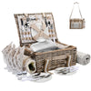 brown wicker picnic basket open showing 4 person serving set