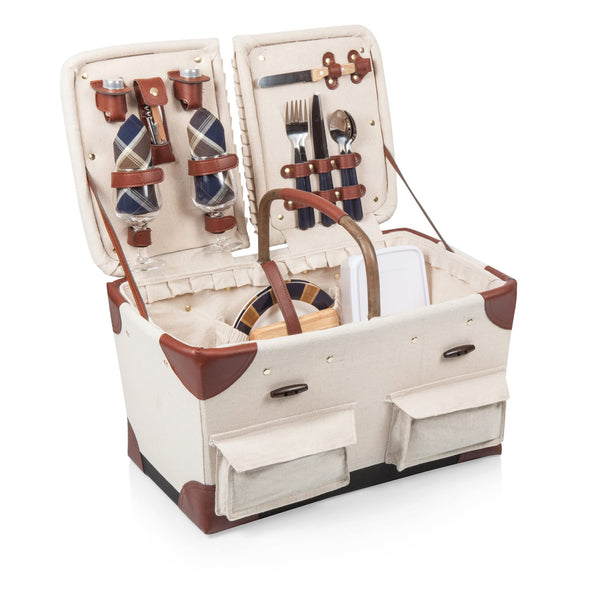 canvas white picnic basket for two open