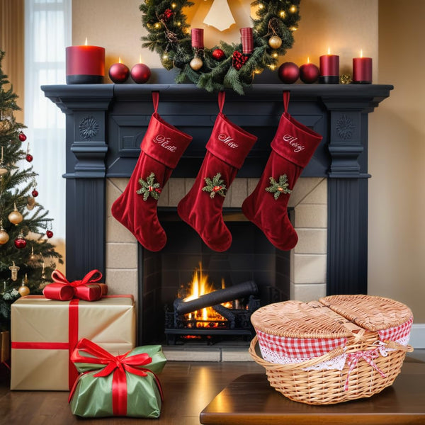christmas time natural wicker oval picnic basket by fireplace