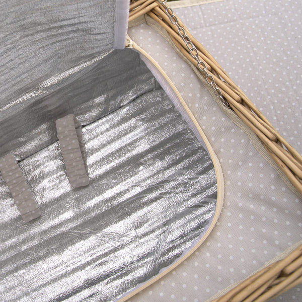 close up inside insulated wicker picnic basket empty