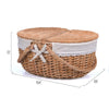 natural oval wicker picnic basket closed with dimensions and white cloth insert