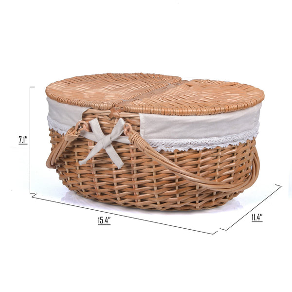 natural oval wicker picnic basket closed with dimensions and white cloth insert