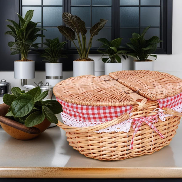 natural wicker picnic basket with red and white cloth closed