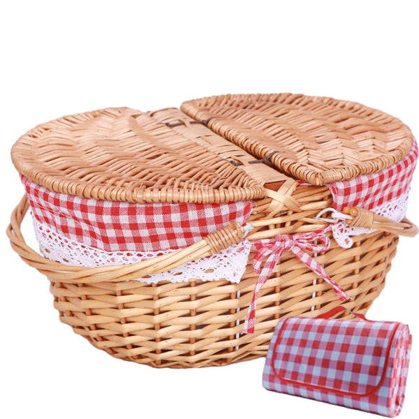 natural wicker picnic basket with red and white cloth insert