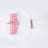 picnic plates and rolled up red and white blanket