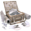 tan wicker  picnic basket plates and utensils