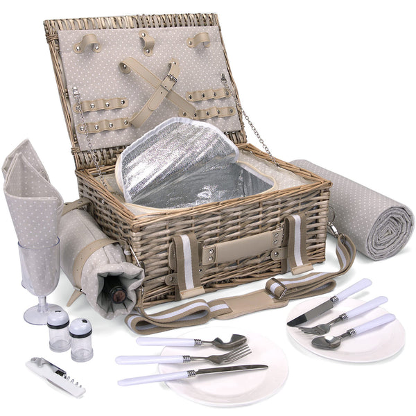tan wicker  picnic basket plates and utensils