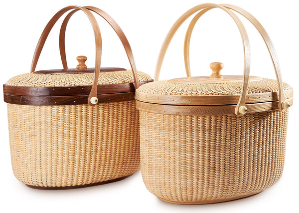 two closed basket oval wicker picnic baskets