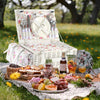 white outside of wicker picnic basket open with food