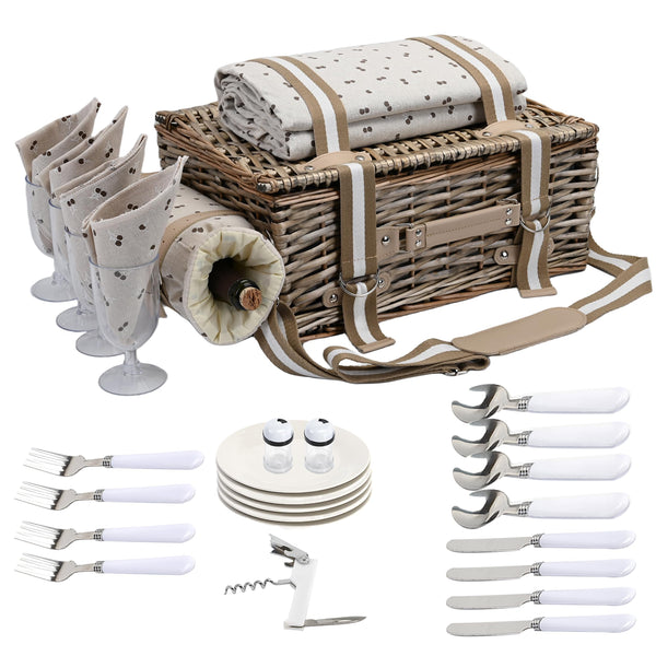wicker picnic basket with tan handle service for 4 people