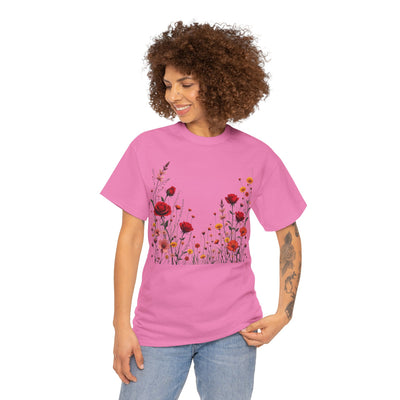 Wildflowers and Red Roses, Graphic T-Shirts for Women, Floral Shirt, Womens Short Sleeve, Ladies Graphic Tees #5033TTS