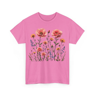 Wildflowers and Pink Roses, Graphic T-Shirts for Women, Floral Shirt, Womens Short Sleeve, Ladies Graphic Tees #5015TTS