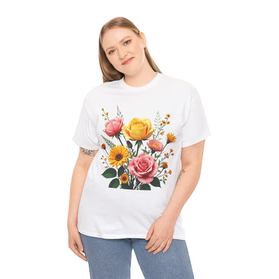Wildflowers and Pink & Yellow Roses, Graphic T-Shirts for Women, Floral Shirt, Womens Short Sleeve, Ladies Graphic Tees #5146TTS
