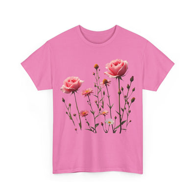Wildflowers and Pink Roses, Graphic T-Shirts for Women, Floral Shirt, Womens Short Sleeve, Ladies Graphic Tees #5018TTS