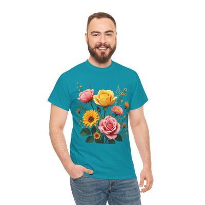 Wildflowers and Pink & Yellow Roses, Graphic T-Shirts for Women, Floral Shirt, Womens Short Sleeve, Ladies Graphic Tees #5146TTS