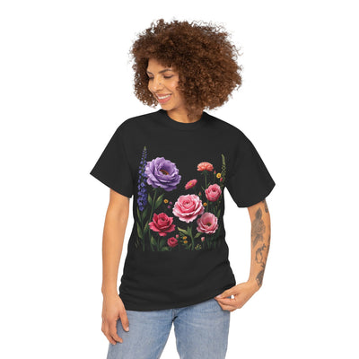 Wildflowers and Pink/Violet Roses, Graphic T-Shirts for Women, Floral Shirt, Womens Short Sleeve, Ladies Graphic Tees #5100TTS