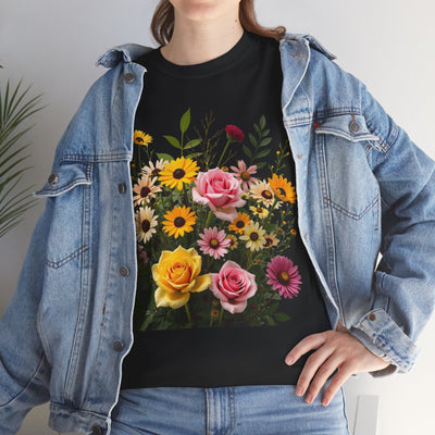 Wildflowers and Pink & Yellow Roses, Graphic T-Shirts for Women, Floral Shirt, Womens Short Sleeve, Ladies Graphic Tees #5150TTS