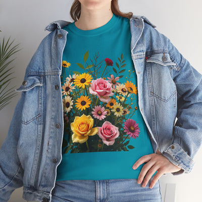 Wildflowers and Pink & Yellow Roses, Graphic T-Shirts for Women, Floral Shirt, Womens Short Sleeve, Ladies Graphic Tees #5150TTS