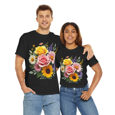Wildflowers and Pink & Yellow Roses, Graphic T-Shirts for Women, Floral Shirt, Womens Short Sleeve, Ladies Graphic Tees #5145TTS