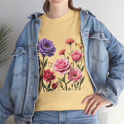 Wildflowers and Pink/Violet Roses, Graphic T-Shirts for Women, Floral Shirt, Womens Short Sleeve, Ladies Graphic Tees #5100TTS