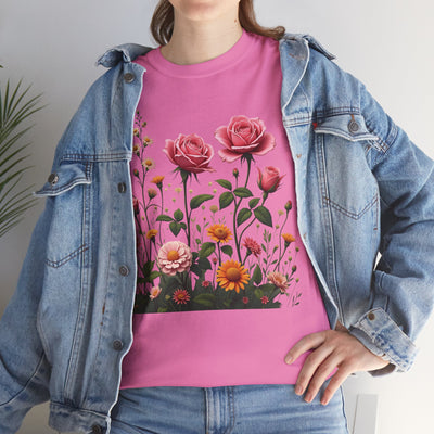 Wildflowers and Pink Roses, Graphic T-Shirts for Women, Floral Shirt, Womens Short Sleeve, Ladies Graphic Tees #5013TTS