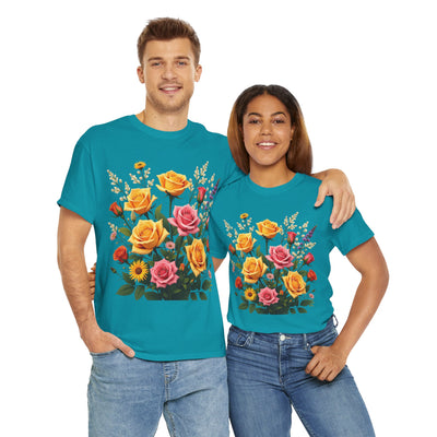 Wildflowers and Pink & Yellow Roses, Graphic T-Shirts for Women, Floral Shirt, Womens Short Sleeve, Ladies Graphic Tees #5142TTS