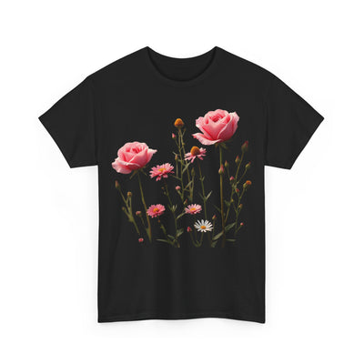 Wildflowers and Pink Roses, Graphic T-Shirts for Women, Floral Shirt, Womens Short Sleeve, Ladies Graphic Tees #5018TTS