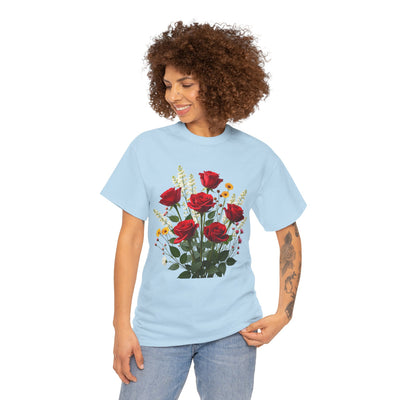 Wildflowers and Red Roses, Graphic T-Shirts for Women, Floral Shirt, Womens Short Sleeve, Ladies Graphic Tees #5128TTS
