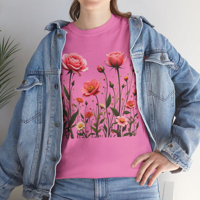 Wildflowers and Pink Roses, Graphic T-Shirts for Women, Floral Shirt, Womens Short Sleeve, Ladies Graphic Tees #5022TTS