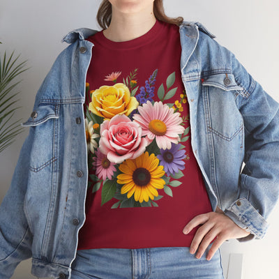 Wildflowers and Pink & Yellow Roses, Graphic T-Shirts for Women, Floral Shirt, Womens Short Sleeve, Ladies Graphic Tees #5145TTS