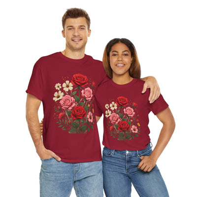 Wildflowers and Pink & Red Roses, Graphic T-Shirts for Women, Floral Shirt, Womens Short Sleeve, Ladies Graphic Tees #5134TTS