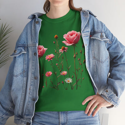 Wildflowers and Pink Roses, Graphic T-Shirts for Women, Floral Shirt, Womens Short Sleeve, Ladies Graphic Tees #5018TTS