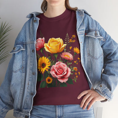 Wildflowers and Pink & Yellow Roses, Graphic T-Shirts for Women, Floral Shirt, Womens Short Sleeve, Ladies Graphic Tees #5146TTS