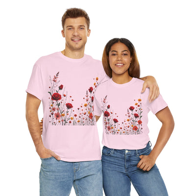 Wildflowers and Red Roses, Graphic T-Shirts for Women, Floral Shirt, Womens Short Sleeve, Ladies Graphic Tees #5033TTS