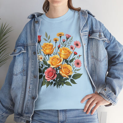 Wildflowers and Pink & Yellow Roses, Graphic T-Shirts for Women, Floral Shirt, Womens Short Sleeve, Ladies Graphic Tees #5137TTS
