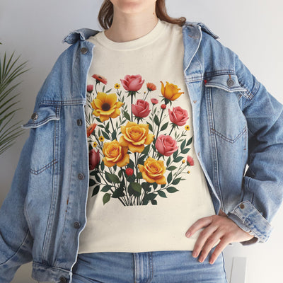 Wildflowers and Pink & Yellow Roses, Graphic T-Shirts for Women, Floral Shirt, Womens Short Sleeve, Ladies Graphic Tees #5139TTS